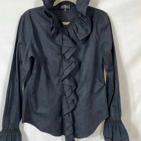 ETRO Milano Luxury Boutique Blouse Size 48 US 12 Dramatic Ruffle Collar Cuffs - Picture 3 of 16